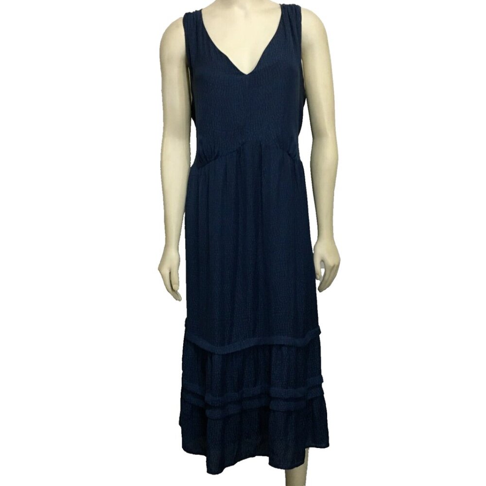 Loft Plus 18 Blue Dotted Silky Sleeveless Midi Tiered Dress V-Neck